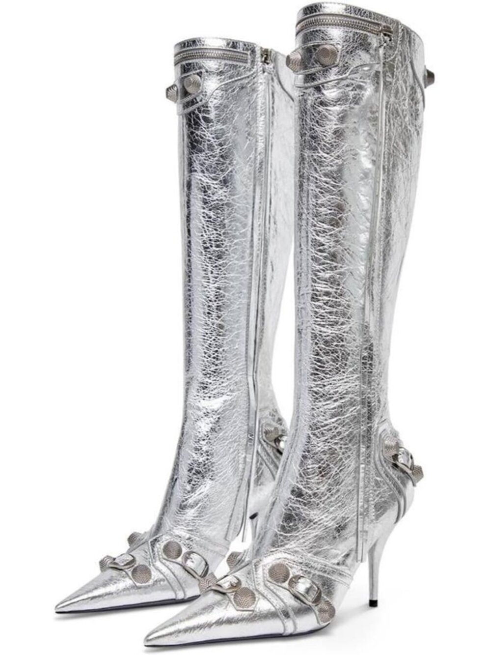 Women's Silver Trendy Pull On Knee High Heels Pointed Toe Stiletto Long Boot